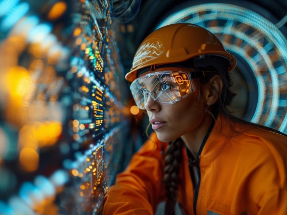 Woman in PPE monitoring highly advanced electronics
